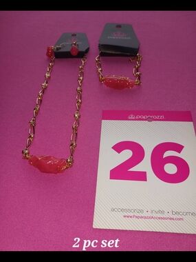 paparazzi Gold Chain Set with Coral Pink Faceted Stones